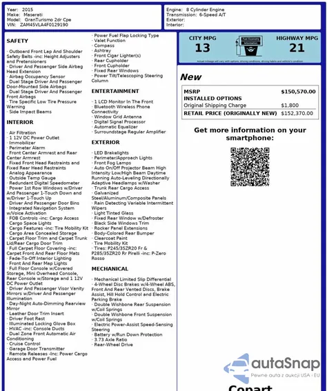 2015 Maserati Granturismo S z USA, uszkodzony, nr VIN ZAM45VLA4F0129190